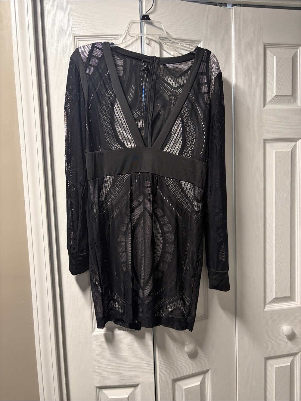 Black Mesh Long Sleeve V-Neck Dress